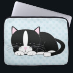 Sleepy Tuxedo Cat {blue} Laptop Sleeve<br><div class="desc">Custom computer sleeve featuring an adorable illustration of a cute bicolor kitten taking a nap on a hearts and paw prints pattern background.</div>