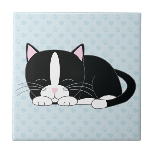 Sleepy Tuxedo Cat Ceramic Tile (Front)
