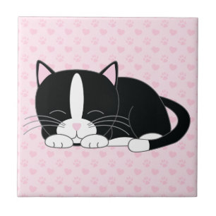 Sleepy Tuxedo Cat Ceramic Tile
