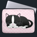 Sleepy Tuxedo Cat {pink} Laptop Sleeve<br><div class="desc">Custom computer sleeve featuring an adorable illustration of a cute bicolor kitten taking a nap on a hearts and paw prints pattern background.</div>