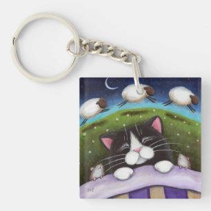 Sleepy Tuxedo Cat with Mice & Sheep   Fantasy Key Ring