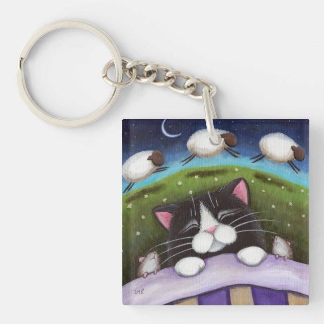 Sleepy Tuxedo Cat with Mice & Sheep | Fantasy Key Ring (Front)