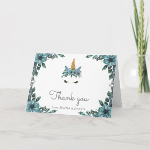 sleepy unicorn face blue floral thank you card