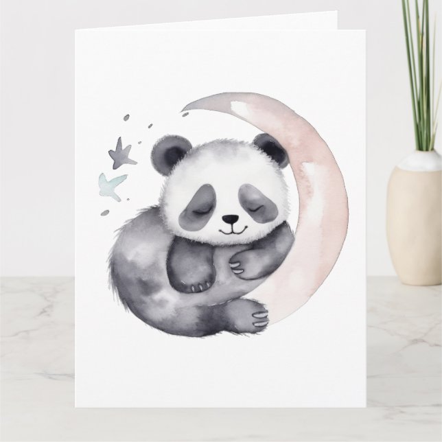 Sleepy Watercolor Moon Baby Panda Bear Card (Front)