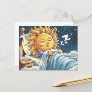 Sleepy whimsical sunshine in bed postcard