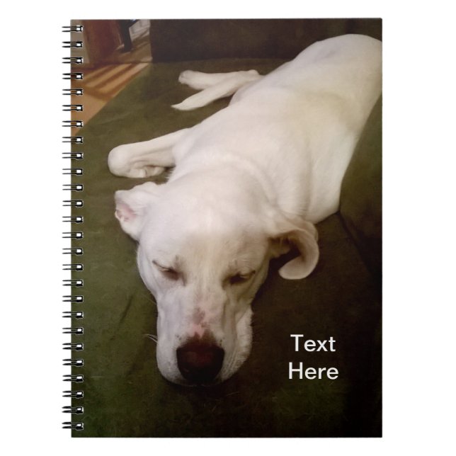 Sleepy White Puppy Dog Green Notebook (Front)
