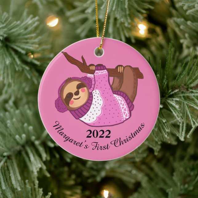 Sleepy Winter Sloth in Pink Ceramic Ornament (Tree)