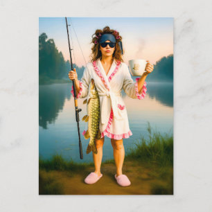 Sleepy Woman in Robe Catches a Big Pike Holiday Postcard