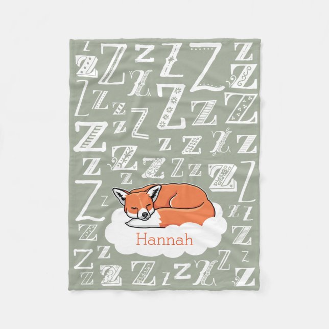Sleepy Woodland Fox Zzz, Personalised Child's Name Fleece Blanket (Front)