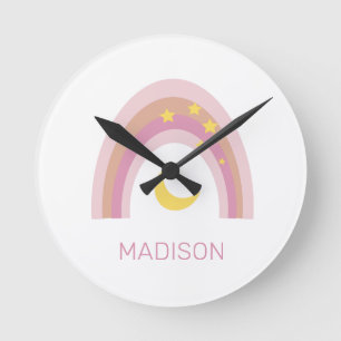 'Sleepytime Rainbow', Girls Cute Boho Pink custom  Round Clock