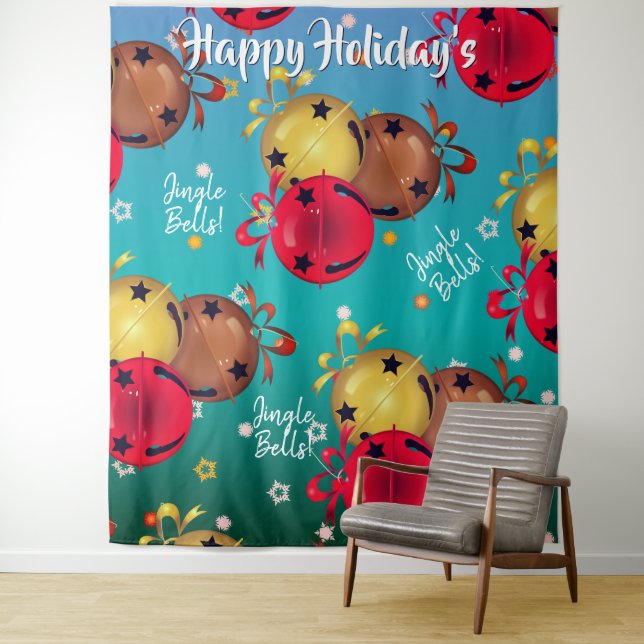 Sleigh Bells Christmas Holiday Backdrop Tapestry (In Situ)