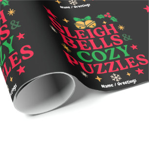 Sleigh Bells & Cosy Puzzles Festive Holiday Gift Wrapping Paper