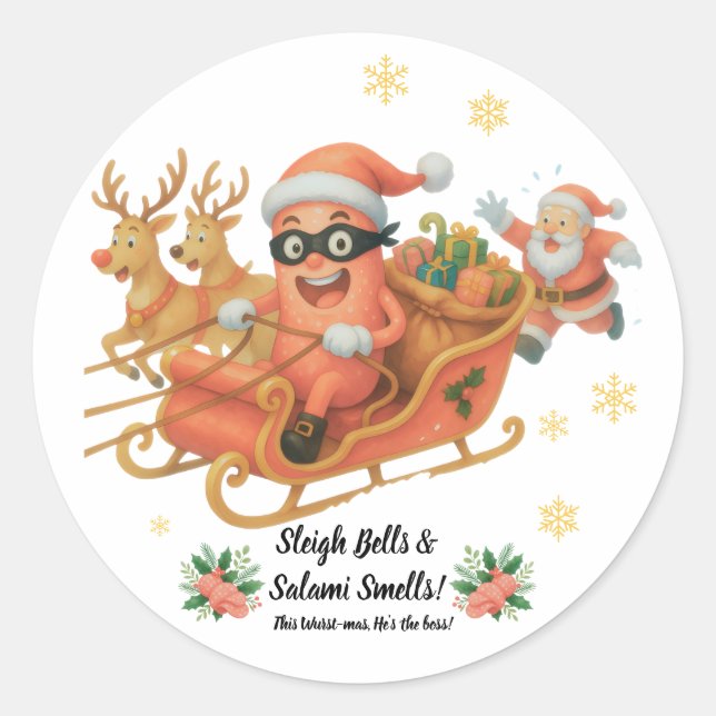 Sleigh Bells & Salami Smells! Classic Round Sticker (Front)