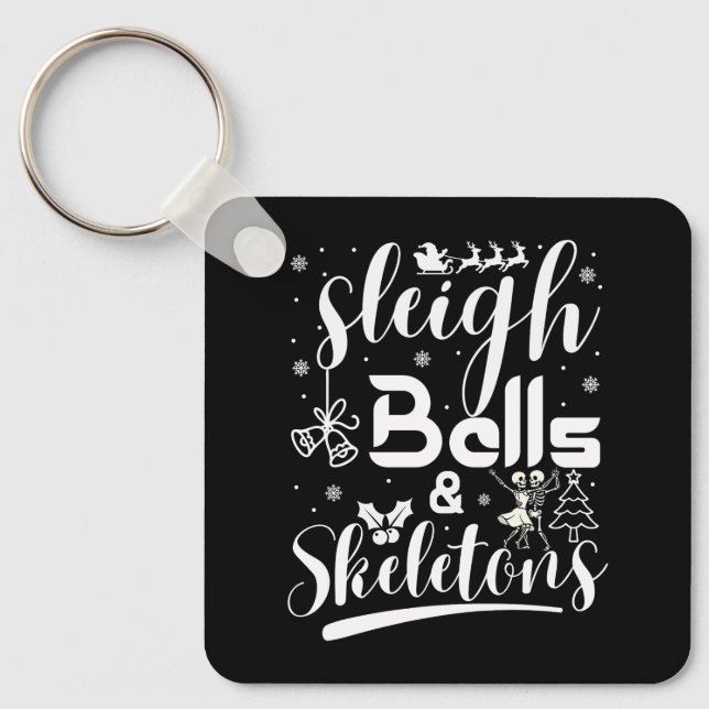 Sleigh bells & skeletons dancing funny christmas key ring (Front)