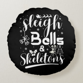 Sleigh bells & skeletons dancing funny christmas round cushion