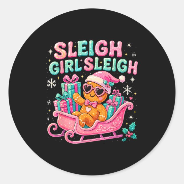 Sleigh Girl Cute Gingerbread Christmas Art  Classic Round Sticker (Front)