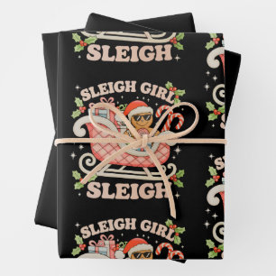 Sleigh Girl Gingerbread Christmas Xmas Candy Cane Wrapping Paper Sheet