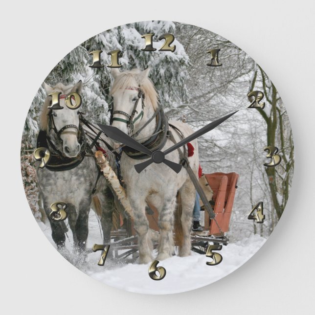 Sleigh Ride in the Snowy Forest Large Clock (Front)