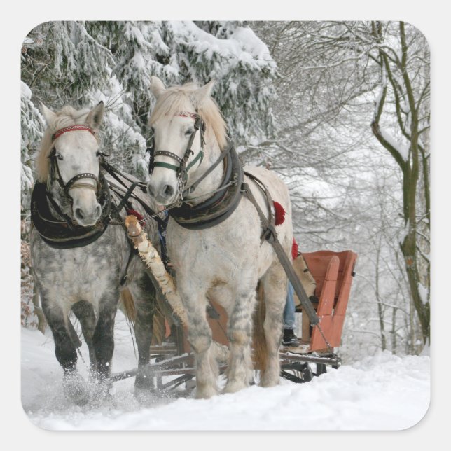 Sleigh Ride in the Snowy Forest Square Sticker (Front)