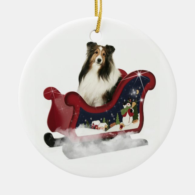 Sleigh Sheltie Ceramic Tree Decoration (Front)