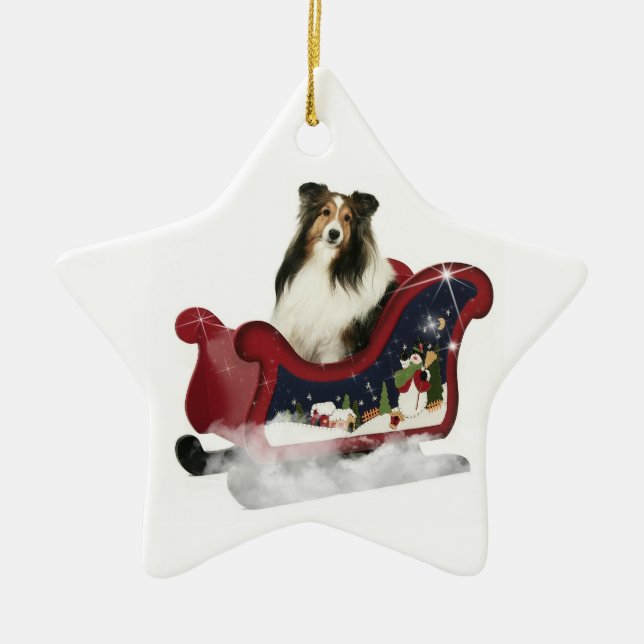 Sleigh Sheltie Ceramic Tree Decoration (Front)