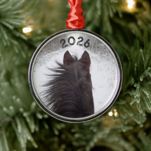 Sleigh View of Black Horse, Snowy Tree Lined Road Metal Ornament