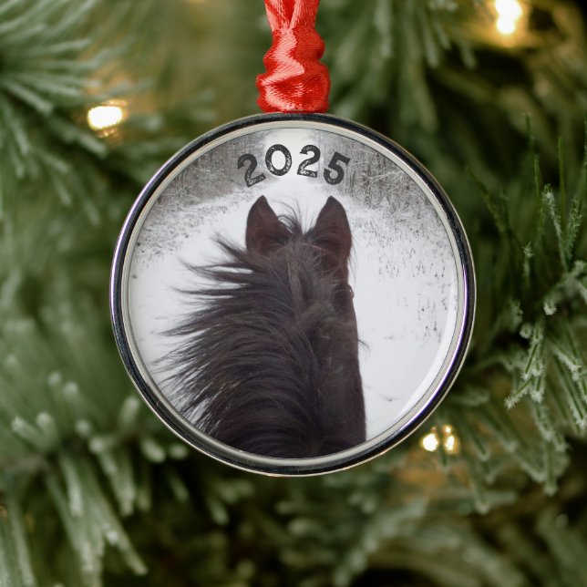 Sleigh View of Black Horse, Snowy Tree Lined Road Metal Ornament (Tree)