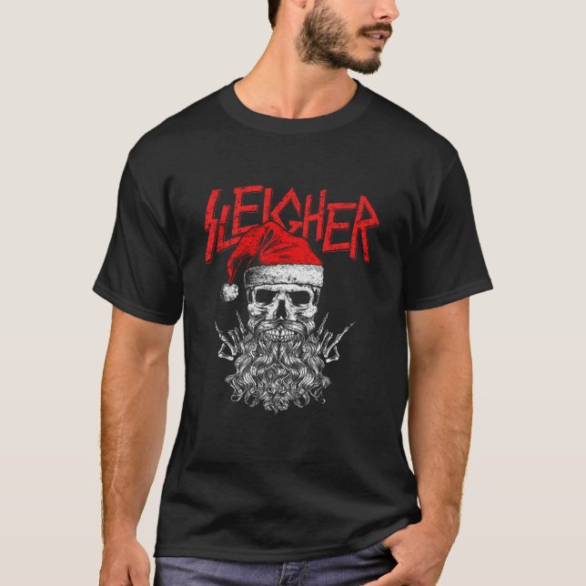 Sleigher Hail Santa Heavy Metal Skull Christmas T-Shirt (Front)
