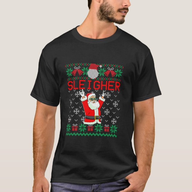 Sleigher Heavy Metal Music Hail Santa Ugly Christm T-Shirt (Front)