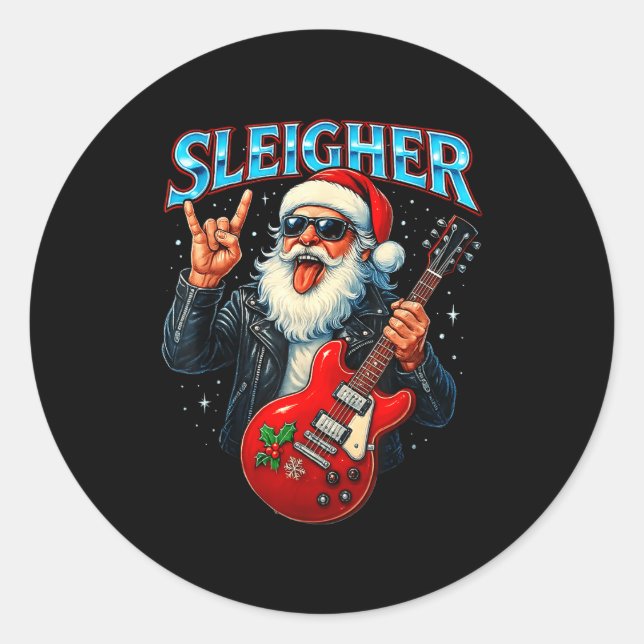 Sleigher Rock Santa Funny Metal Christmas Design  Classic Round Sticker (Front)