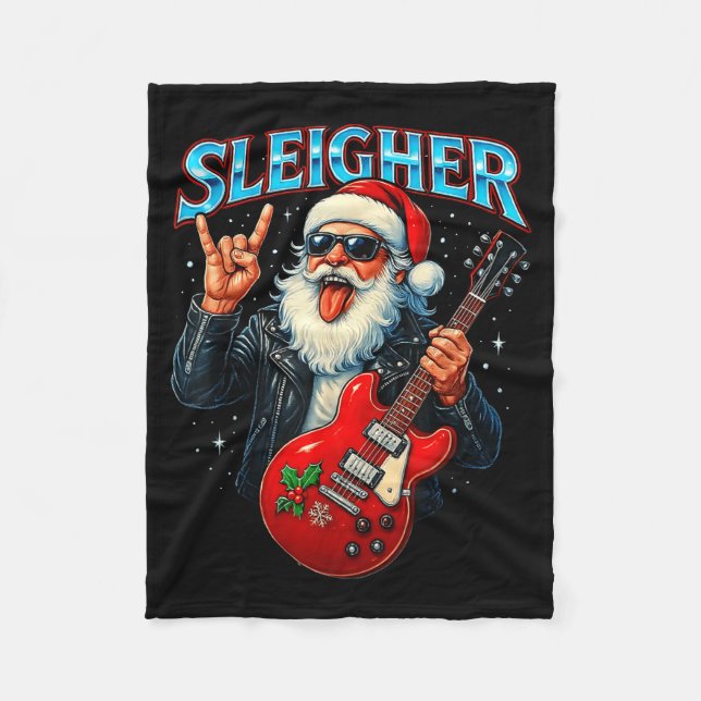Sleigher Rock Santa Funny Metal Christmas Design  Fleece Blanket (Front)