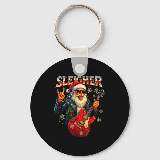 Sleigher Rock Santa Funny Metal Christmas Design  Key Ring (Front)