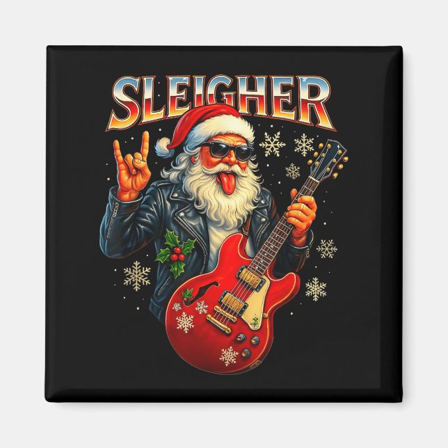 Sleigher Rock Santa Funny Metal Christmas Design  Magnet (Front)