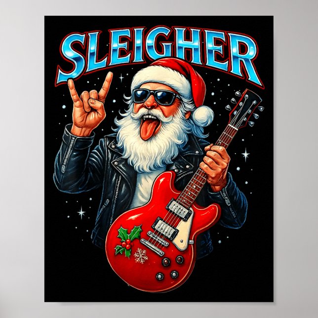 Sleigher Rock Santa Funny Metal Christmas Design  Poster (Front)