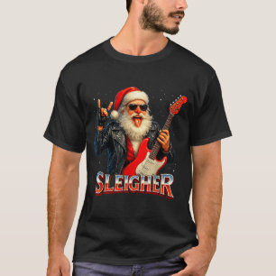 Sleigher Rock Santa Funny Metal Christmas Design T-Shirt