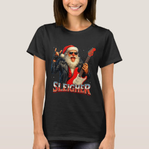 Sleigher Rock Santa Funny Metal Christmas Design  T-Shirt