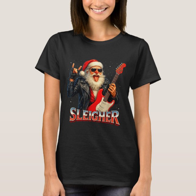 Sleigher Rock Santa Funny Metal Christmas Design  T-Shirt (Front)