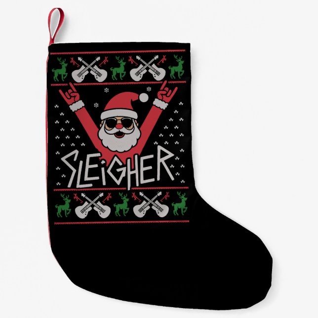 Sleigher Santa Christmas Rock n Roll Ugly Sweat Small Christmas Stocking (Front)