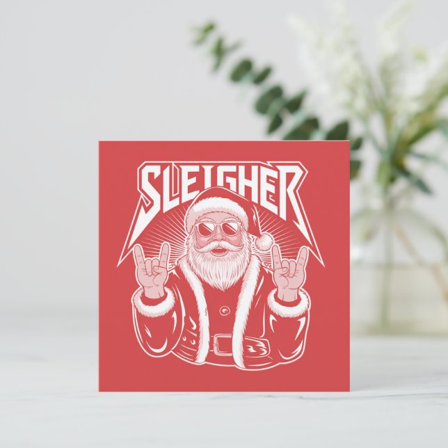 Sleigher Santa Claus Funny Metal Christmas Rock  Holiday Card (Standing Front)