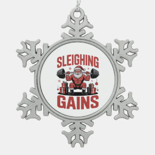 Sleighin' Gains Santa Lifting Weights Christmas Snowflake Pewter Christmas Ornament