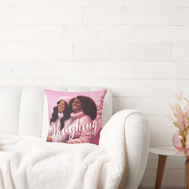 Sleighin' Sisters Festive Laughter Pastel Pink Cushion (Couch)