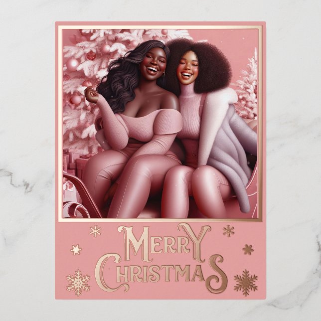 Sleighin' Sisters Festive Laughter Pastel Pink Foil Holiday Postcard (Front)