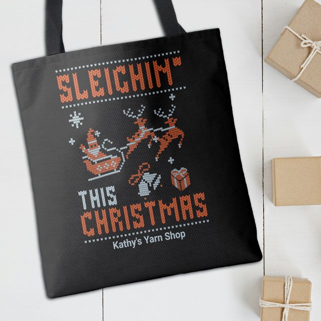 Sleighin' This Christmas Santa Knitting Name Tote Bag (Creator Uploaded)