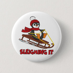 Sleighing It - Snow Sledding Cute Penguin Winter 6 Cm Round Badge