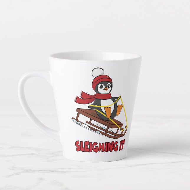 Sleighing It - Snow Sledding Cute Penguin Winter Latte Mug (Left)