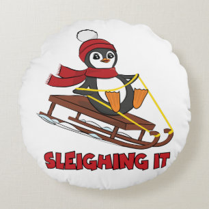 Sleighing It - Snow Sledding Cute Penguin Winter Round Cushion