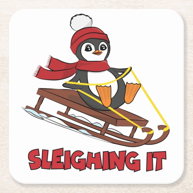 Sleighing It - Snow Sledding Cute Penguin Winter Square Paper Coaster (Front)