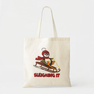Sleighing It - Snow Sledding Cute Penguin Winter Tote Bag