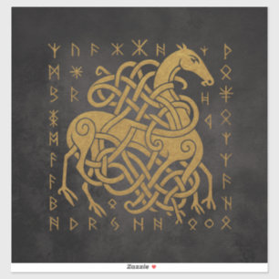 Sleipnir, Golden Norse Horse with Runes Symbol