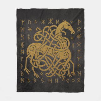 Sleipnir, Golden Norse Horse with Runes Symbol Fleece Blanket
